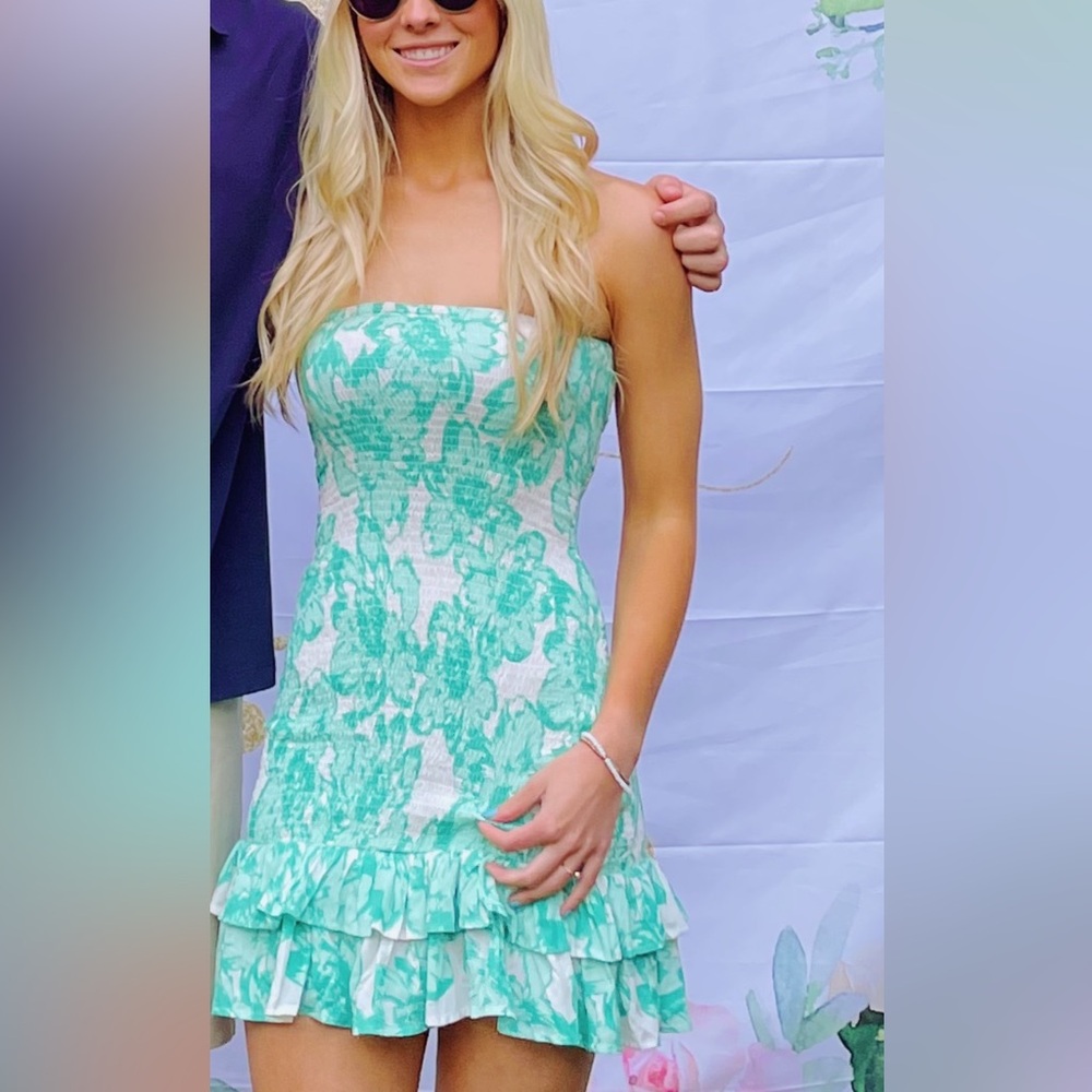blue pattern strapless dress